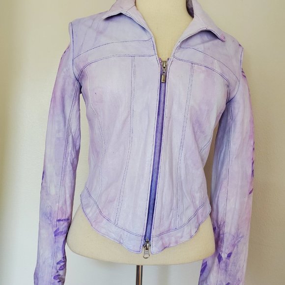 white purple pink Leather Motorcycle biker bomber Jacket tie dyed 2 4 6 XS small - Picture 8 of 10